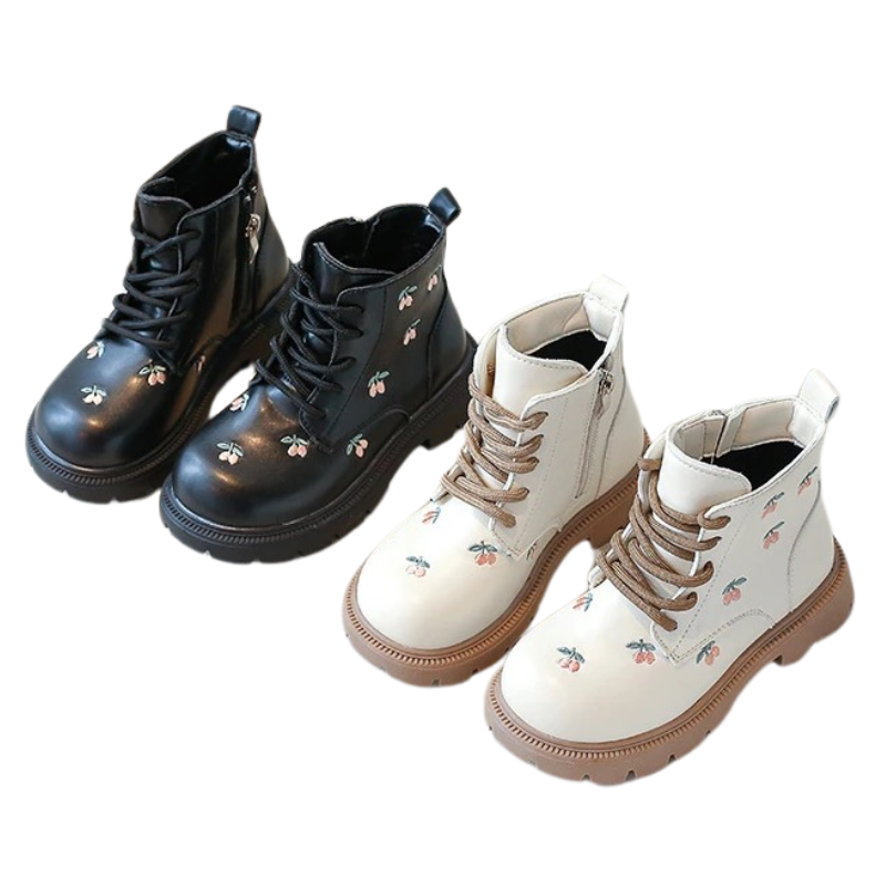 Bottes en Cuir PU pour Fille avec Fermeture Éclair Latérale et Motif Cerises