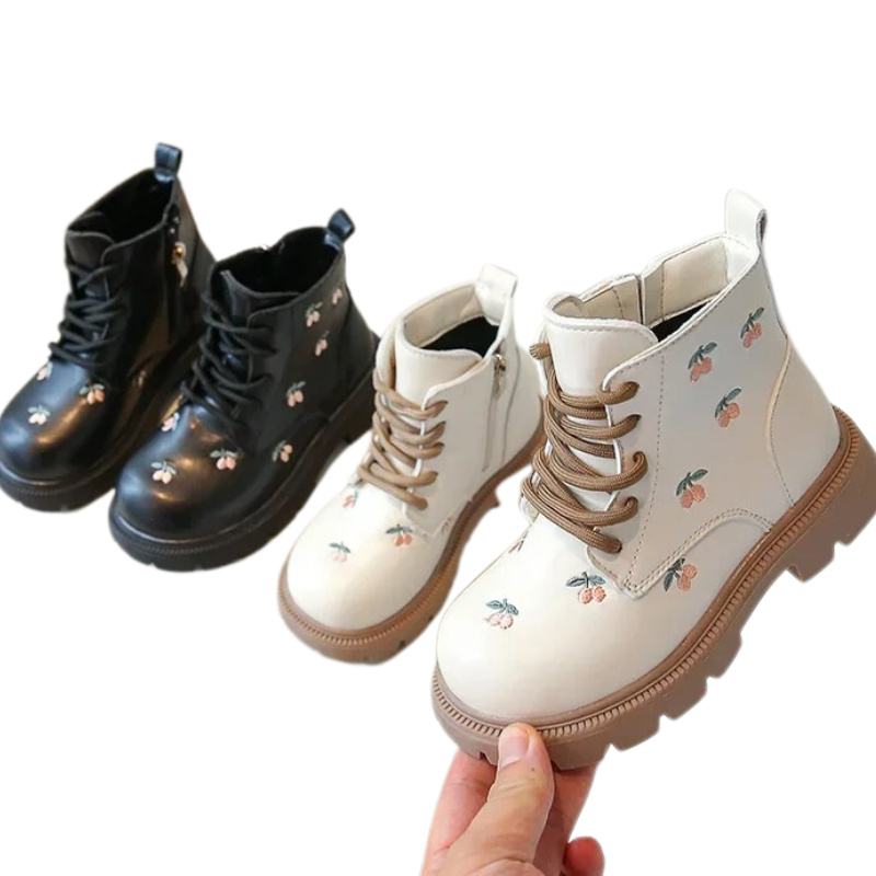 Bottes en Cuir PU pour Fille avec Fermeture Éclair Latérale et Motif Cerises