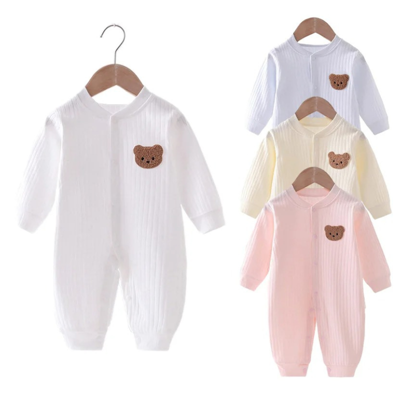Combinaison Bébé Nouveau-né Manches Longues Ourson avec Fermeture à Boutons