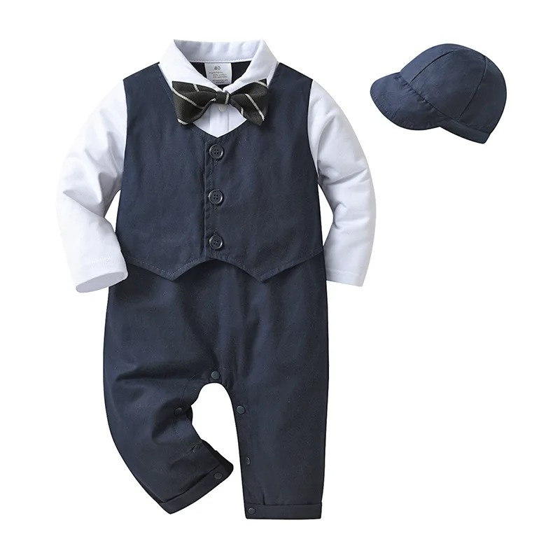 Combinaison Costume Bébé Garçon avec Gilet et Bonnet – Tenue de Cérémonie