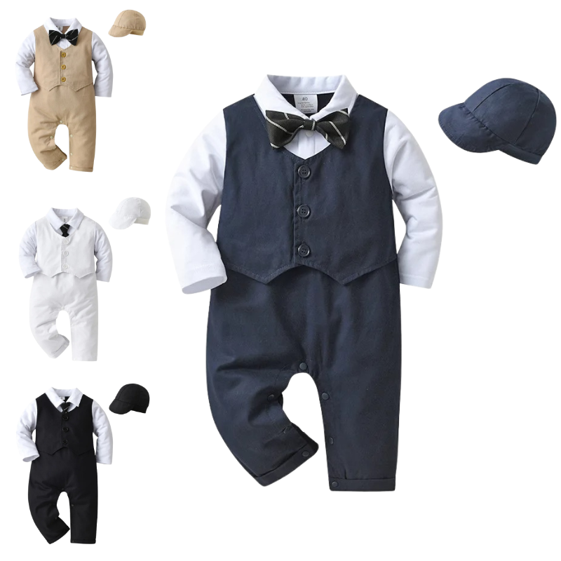 Combinaison Costume Bébé Garçon avec Gilet et Bonnet – Tenue de Cérémonie