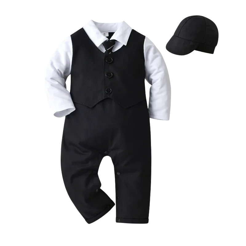 Combinaison Costume Bébé Garçon avec Gilet et Bonnet – Tenue de Cérémonie