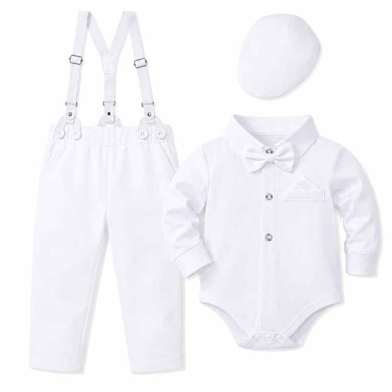 Costume Bébé Garçon Blanc avec Bretelles, Body Chemise, Nœud Papillon et Béret – Ensemble de Cérémonie
