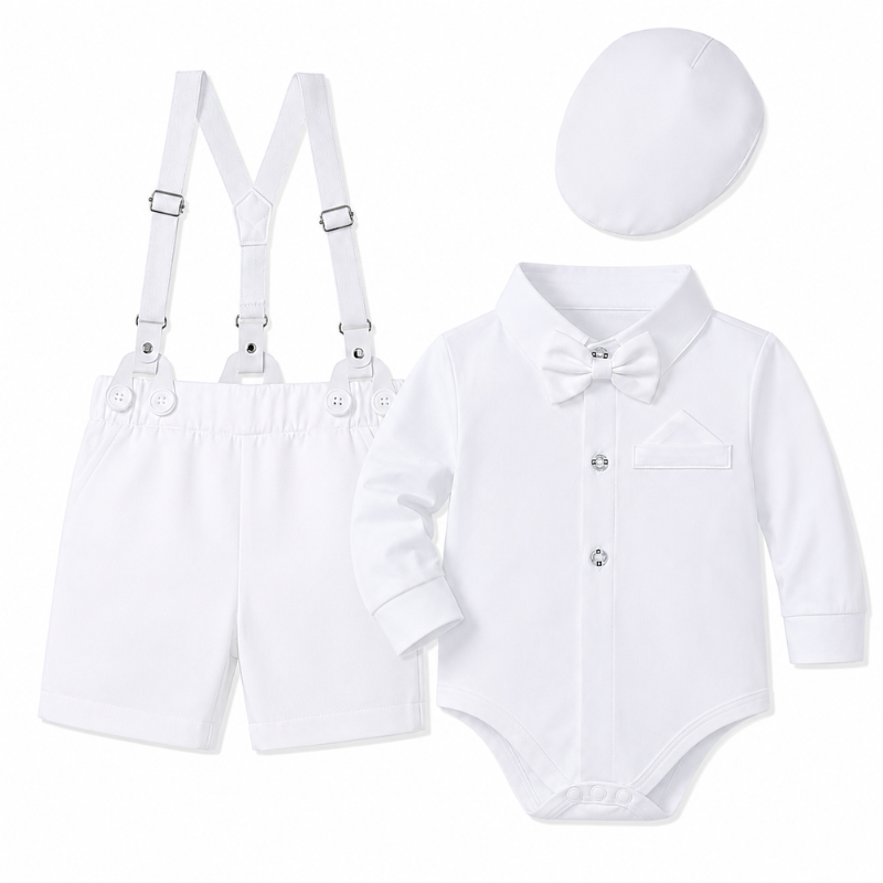 Costume Bébé Garçon Blanc avec Bretelles, Body Chemise, Nœud Papillon et Béret – Ensemble de Cérémonie