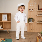 Costume Bébé Garçon Blanc avec Bretelles, Body Chemise, Nœud Papillon et Béret – Ensemble de Cérémonie