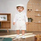 Costume Bébé Garçon Blanc avec Bretelles, Body Chemise, Nœud Papillon et Béret – Ensemble de Cérémonie