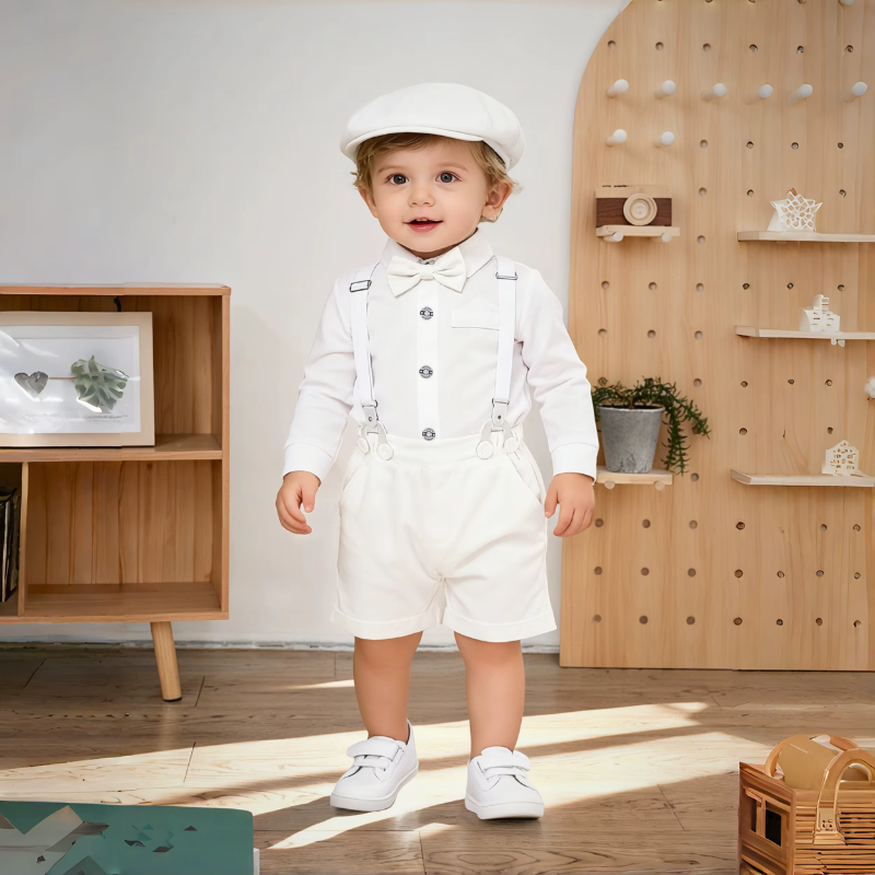 Costume Bébé Garçon Blanc avec Bretelles, Body Chemise, Nœud Papillon et Béret – Ensemble de Cérémonie