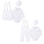 Costume Bébé Garçon Blanc avec Bretelles, Body Chemise, Nœud Papillon et Béret – Ensemble de Cérémonie