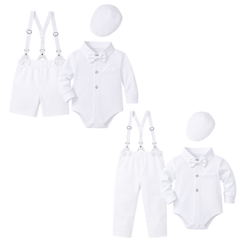Costume Bébé Garçon Blanc avec Bretelles, Body Chemise, Nœud Papillon et Béret – Ensemble de Cérémonie