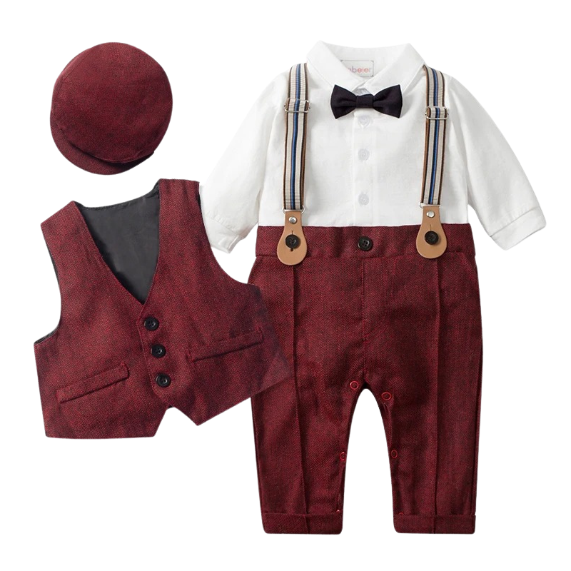 Costume Bébé Garçon avec Bretelles, Gilet et Béret – Tenue de Cérémonie