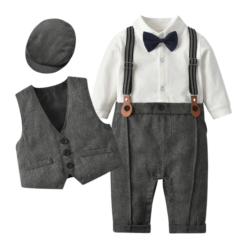 Costume Bébé Garçon avec Bretelles, Gilet et Béret – Tenue de Cérémonie