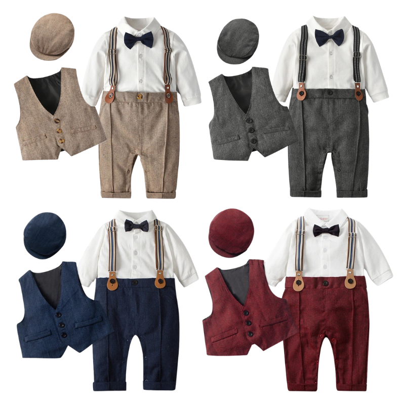 Costume Bébé Garçon avec Bretelles, Gilet et Béret – Tenue de Cérémonie