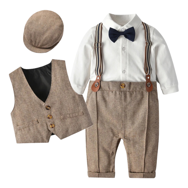 Costume Bébé Garçon avec Bretelles, Gilet et Béret – Tenue de Cérémonie