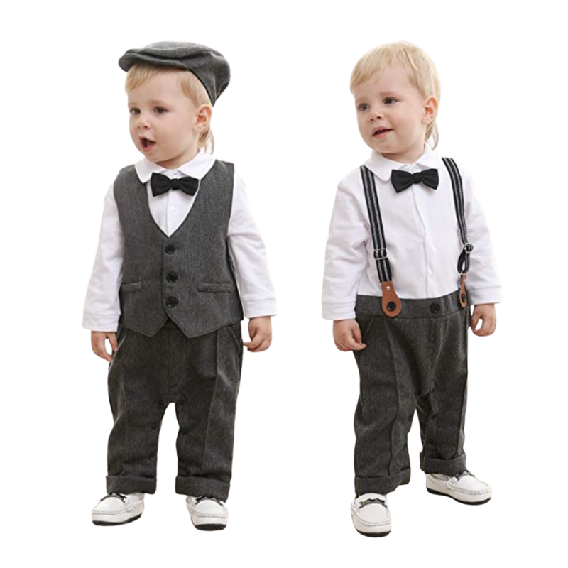 Costume Bébé Garçon avec Bretelles, Gilet et Béret – Tenue de Cérémonie