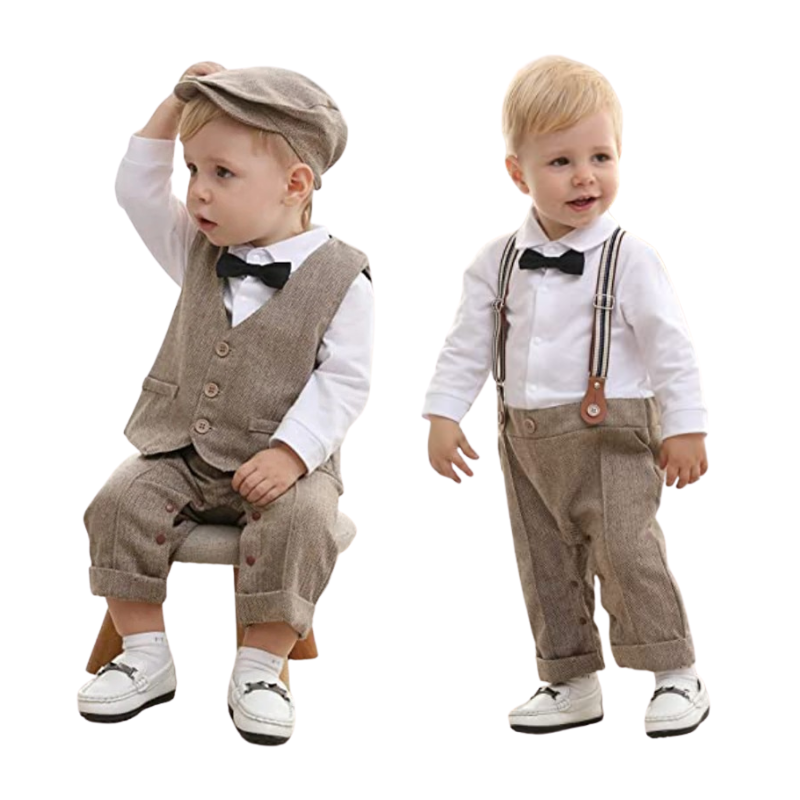 Costume Bébé Garçon avec Bretelles, Gilet et Béret – Tenue de Cérémonie