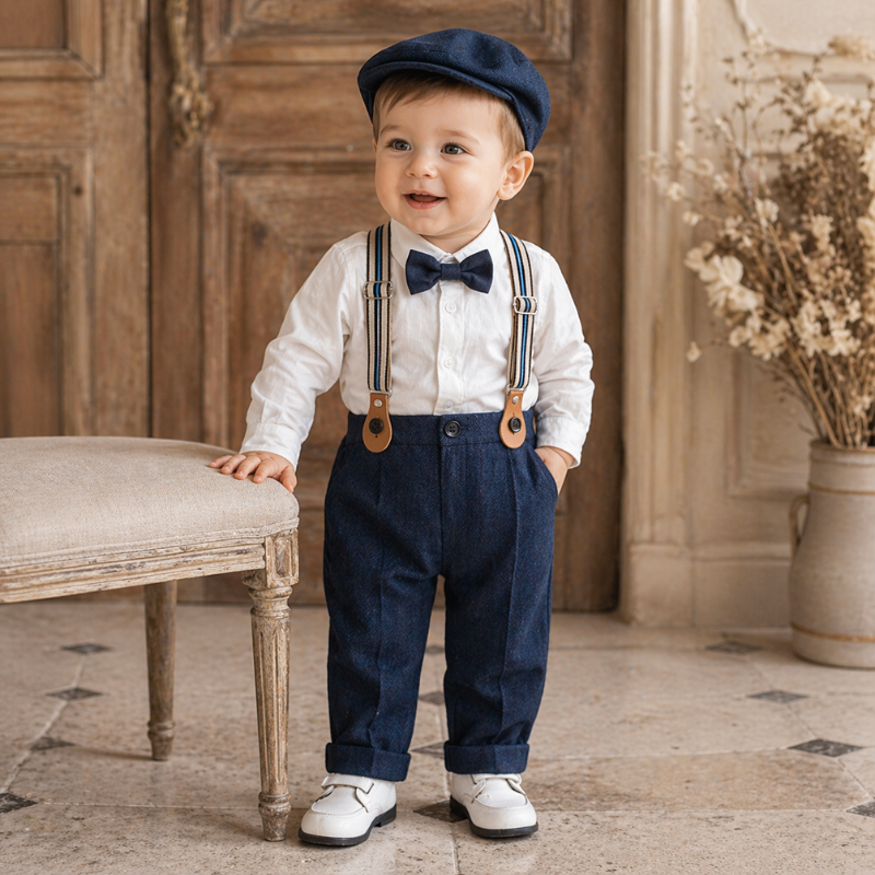 Costume Bébé Garçon avec Bretelles, Gilet et Béret – Tenue de Cérémonie