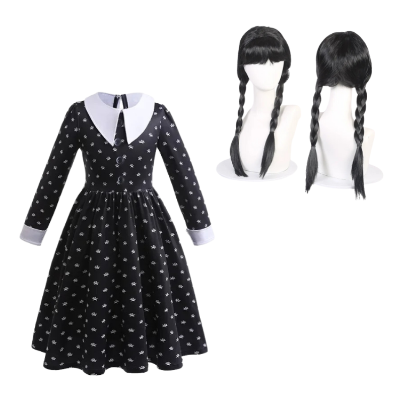 Déguisement Cosplay Enfant Mercredi Addams Bambino – Perruque et Robe