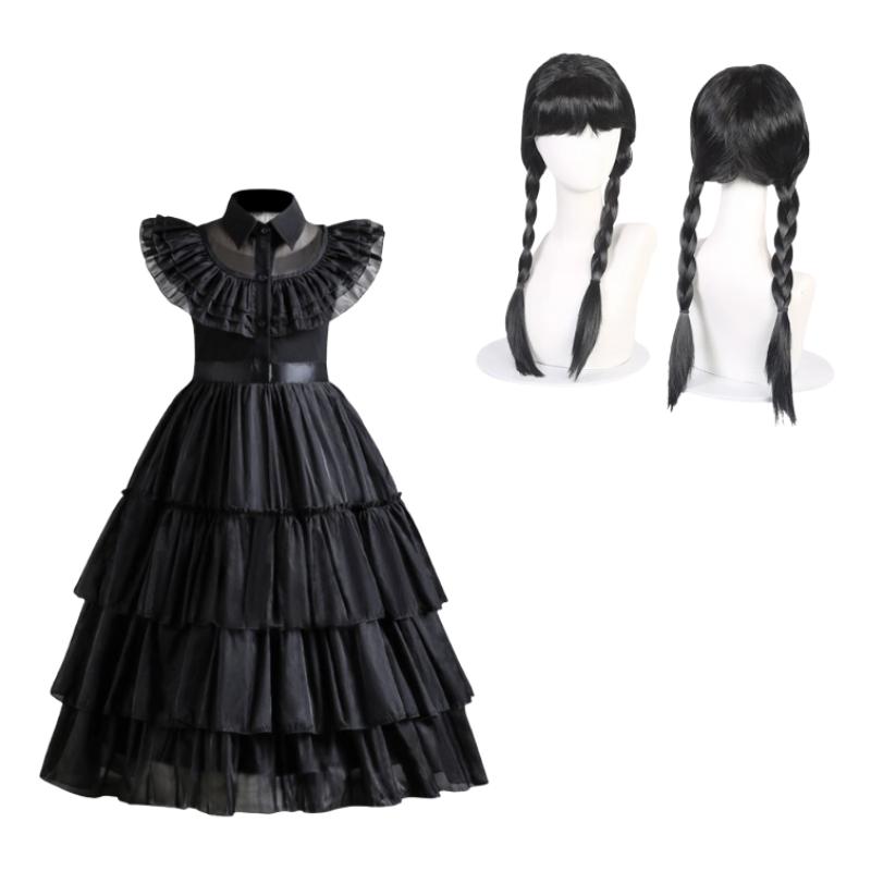 Déguisement Cosplay Enfant Mercredi Addams Bambino – Perruque et Robe