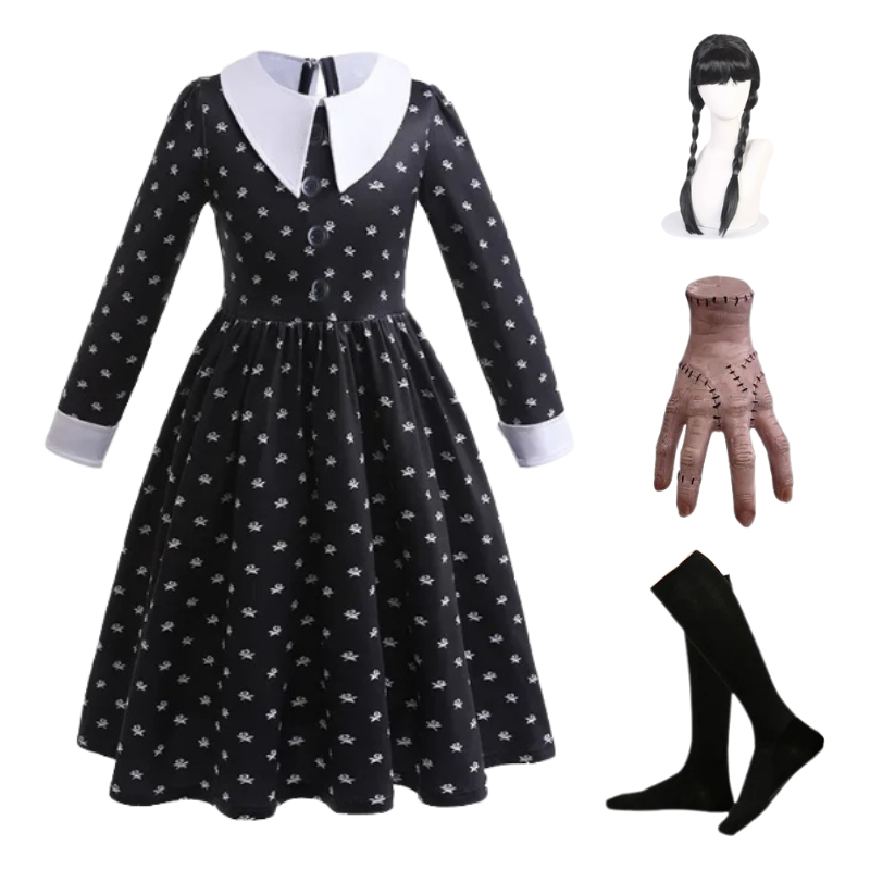 Déguisement Cosplay Enfant Mercredi Addams Bambino – Perruque et Robe