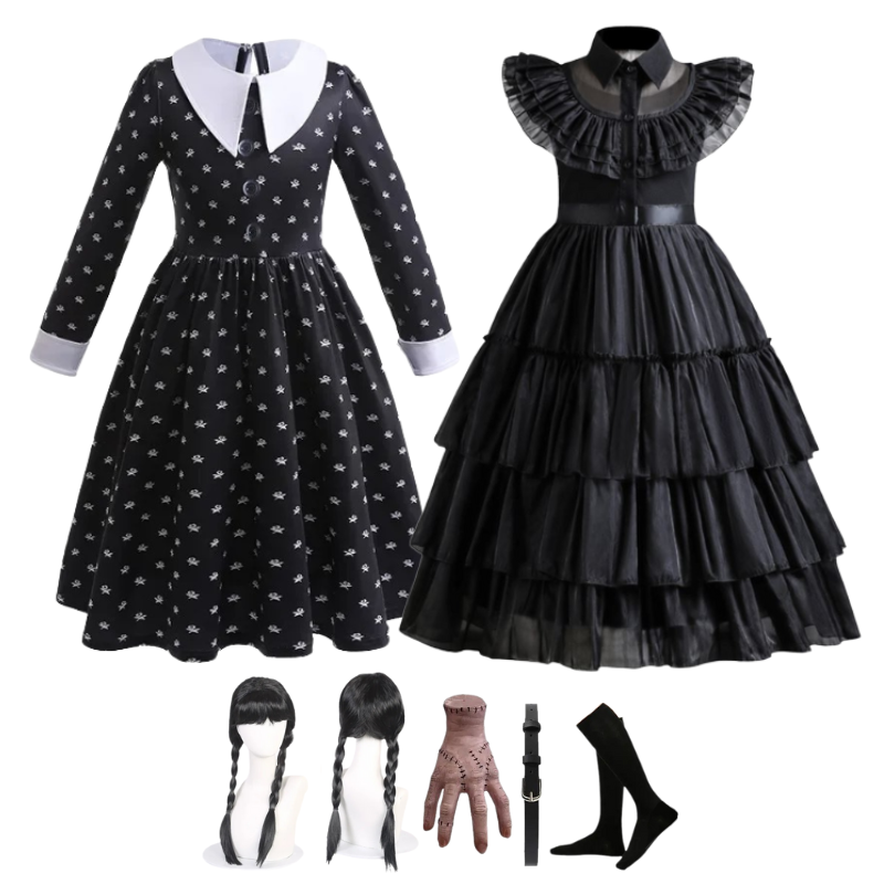 Déguisement Cosplay Enfant Mercredi Addams Bambino – Perruque et Robe