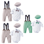 Ensemble Costume Bébé Garçon avec Pantalon à Bretelles, Body Chemise et Béret – Tenue de Cérémonie