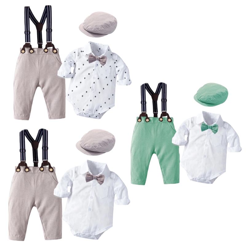 Ensemble Costume Bébé Garçon avec Pantalon à Bretelles, Body Chemise et Béret – Tenue de Cérémonie