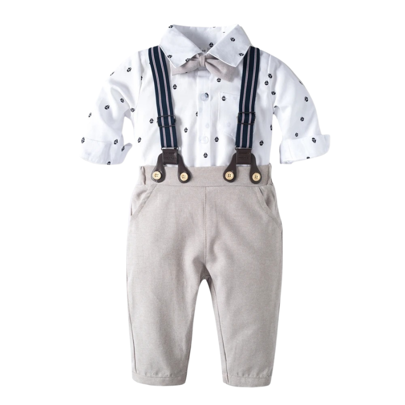 Ensemble Costume Bébé Garçon avec Pantalon à Bretelles, Body Chemise et Béret – Tenue de Cérémonie