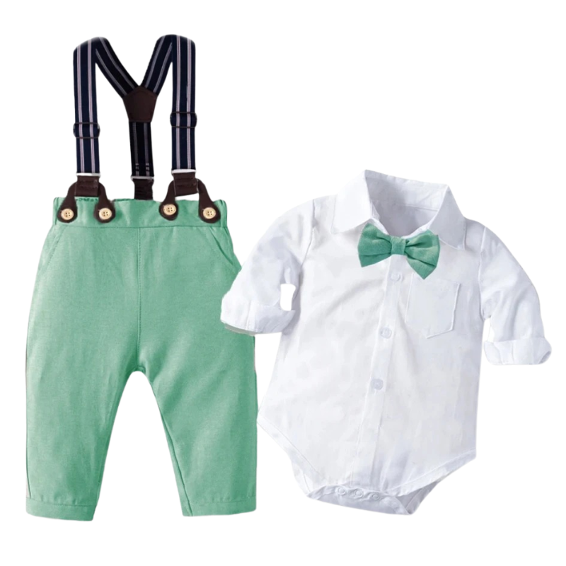 Ensemble Costume Bébé Garçon avec Pantalon à Bretelles, Body Chemise et Béret – Tenue de Cérémonie