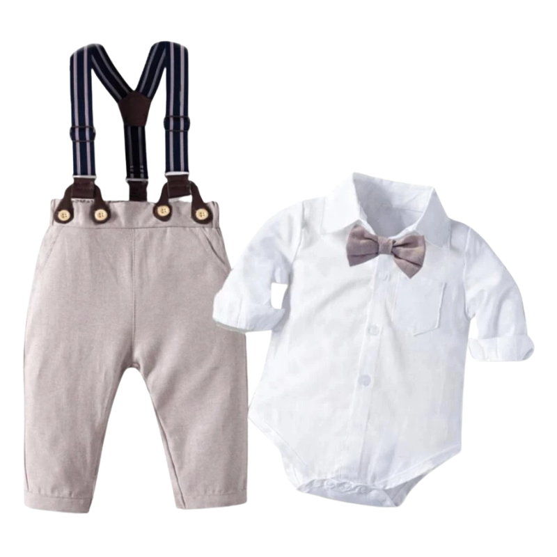 Ensemble Costume Bébé Garçon avec Pantalon à Bretelles, Body Chemise et Béret – Tenue de Cérémonie