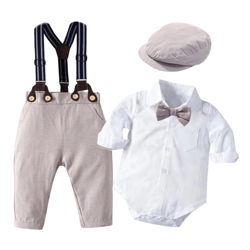 Ensemble Costume Bébé Garçon avec Pantalon à Bretelles, Body Chemise et Béret – Tenue de Cérémonie