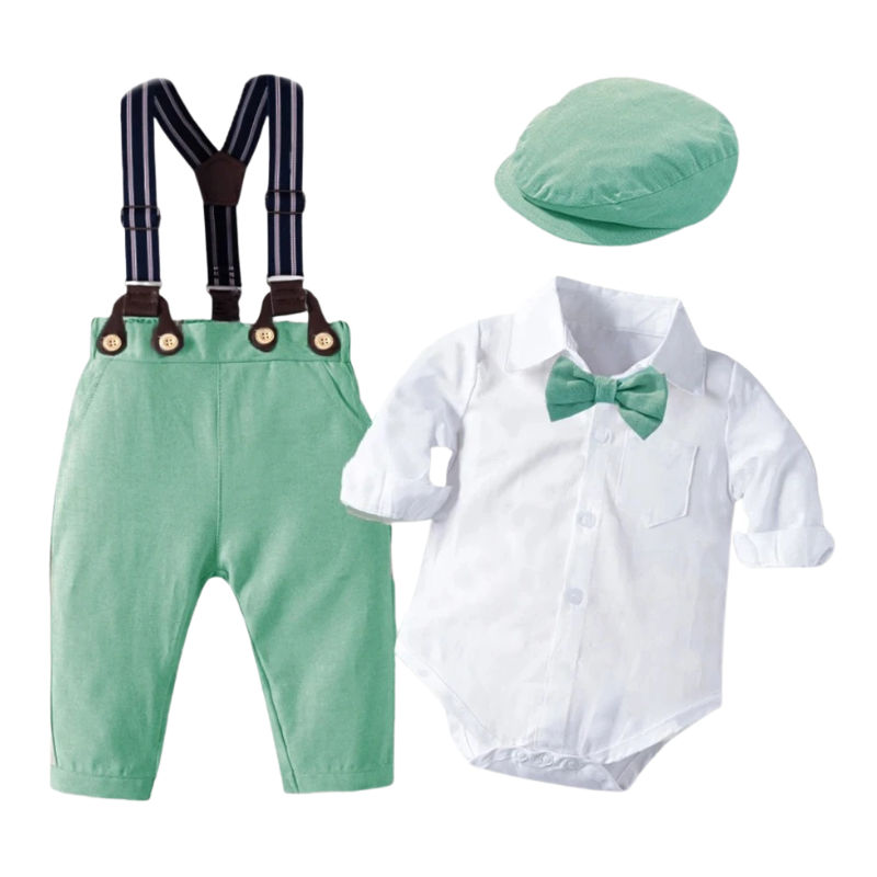 Ensemble Costume Bébé Garçon avec Pantalon à Bretelles, Body Chemise et Béret – Tenue de Cérémonie
