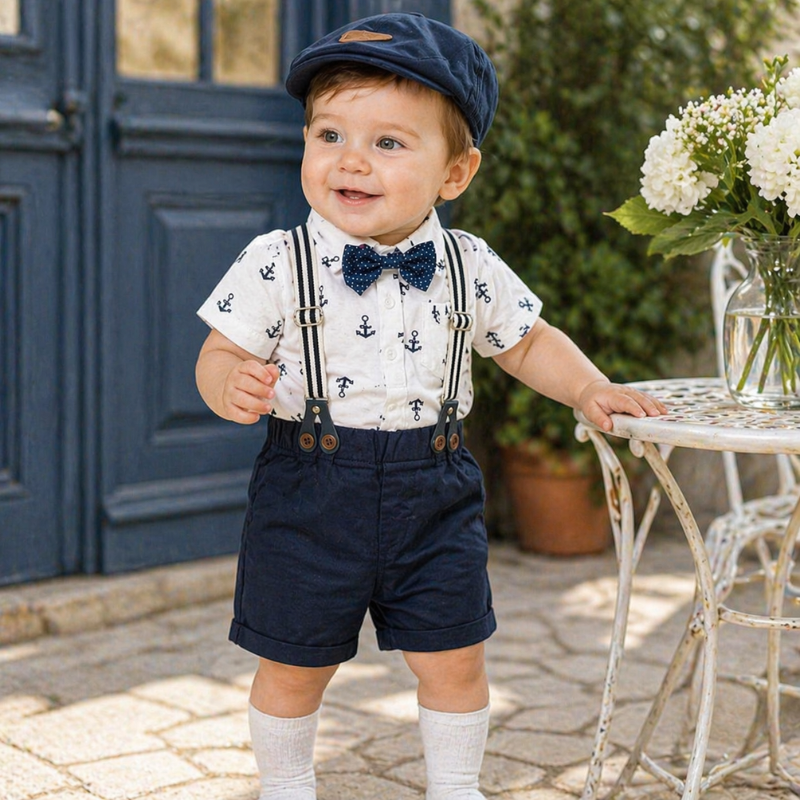 Ensemble Costume Bébé Garçon avec Bretelles, Nœud Papillon et Béret