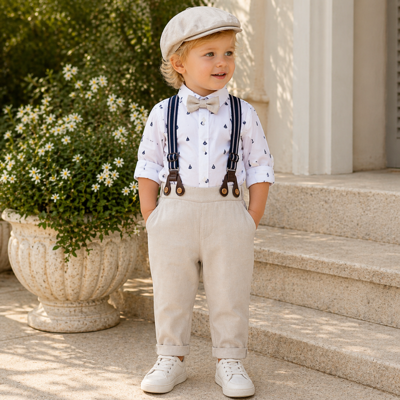 Ensemble Costume Bébé Garçon avec Pantalon à Bretelles, Body Chemise et Béret – Tenue de Cérémonie