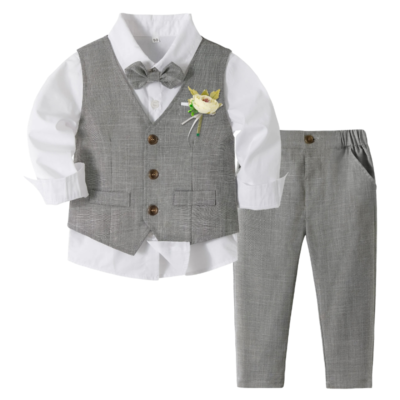 Ensemble Costume Garçon avec Gilet, Pantalon, Chemise et Nœud Papillon – Tenue de Cérémonie