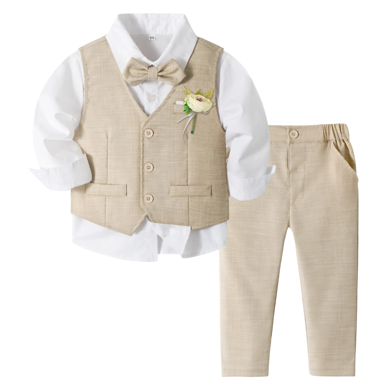 Ensemble Costume Garçon avec Gilet, Pantalon, Chemise et Nœud Papillon – Tenue de Cérémonie