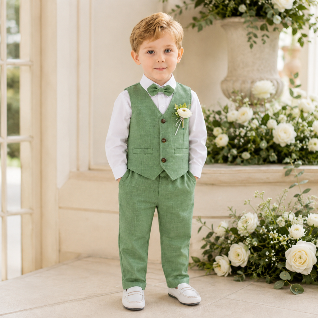 Ensemble Costume Garçon avec Gilet, Pantalon, Chemise et Nœud Papillon – Tenue de Cérémonie