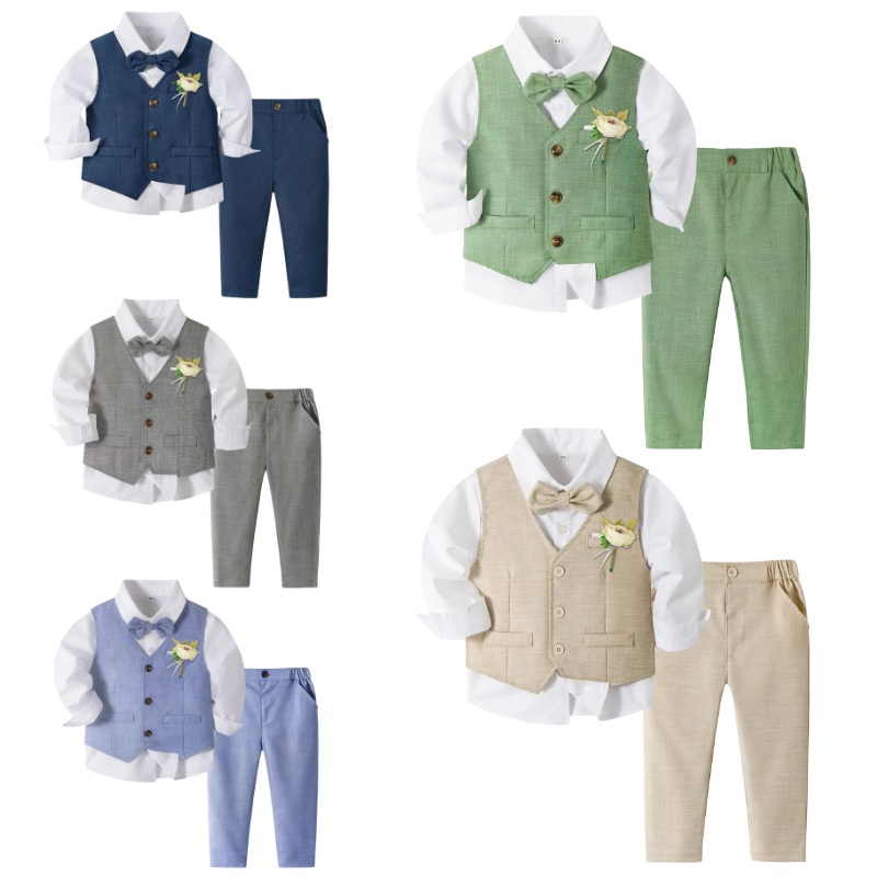 Ensemble Costume Garçon avec Gilet, Pantalon, Chemise et Nœud Papillon – Tenue de Cérémonie