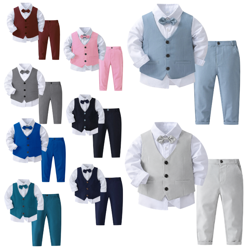 Ensemble de Cérémonie Garçon 4 Pièces avec Gilet, Pantalon, Chemise et Nœud Papillon