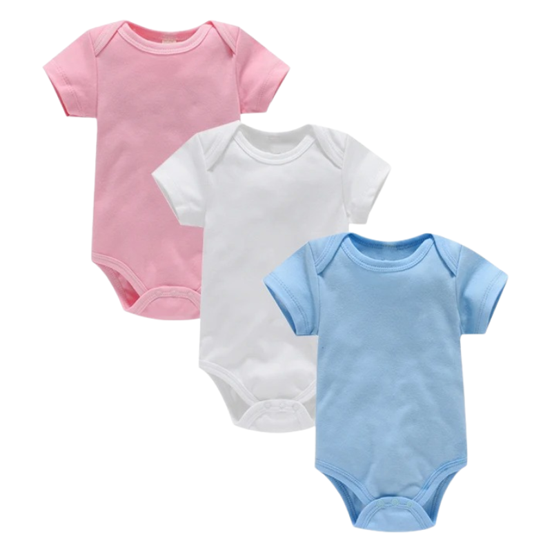 Lot de 3 Bodies Bébé Unis Unisexes à Manches Courtes – 100% Coton Doux