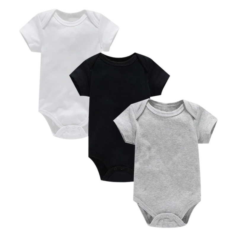 Lot de 3 Bodies Bébé Unis Unisexes à Manches Courtes – 100% Coton Doux