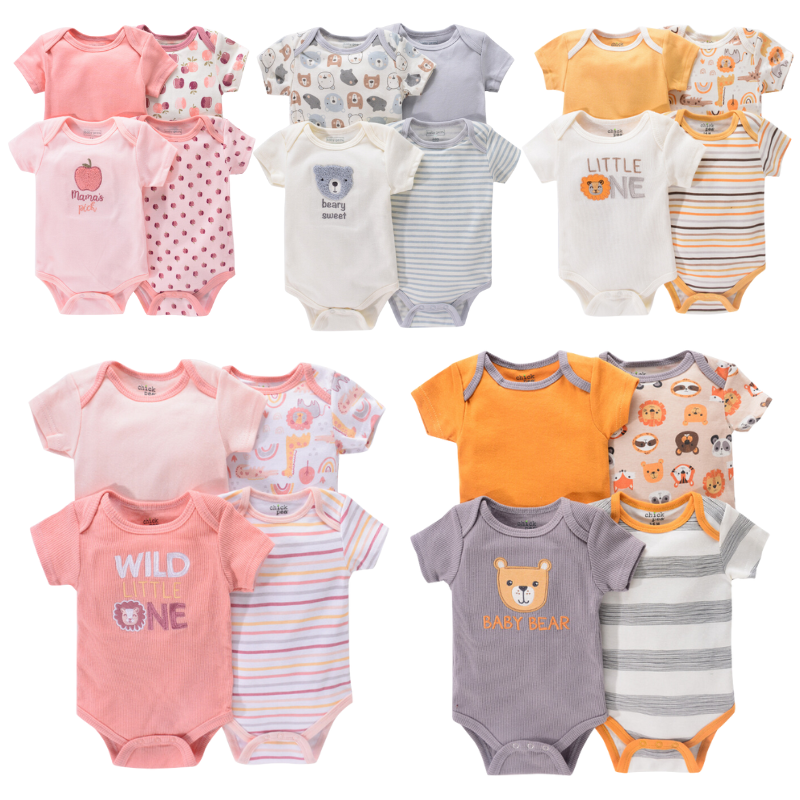 Lot de 4 Bodies Bébé Unisexe à Manches Courtes – Avec et Sans Motifs