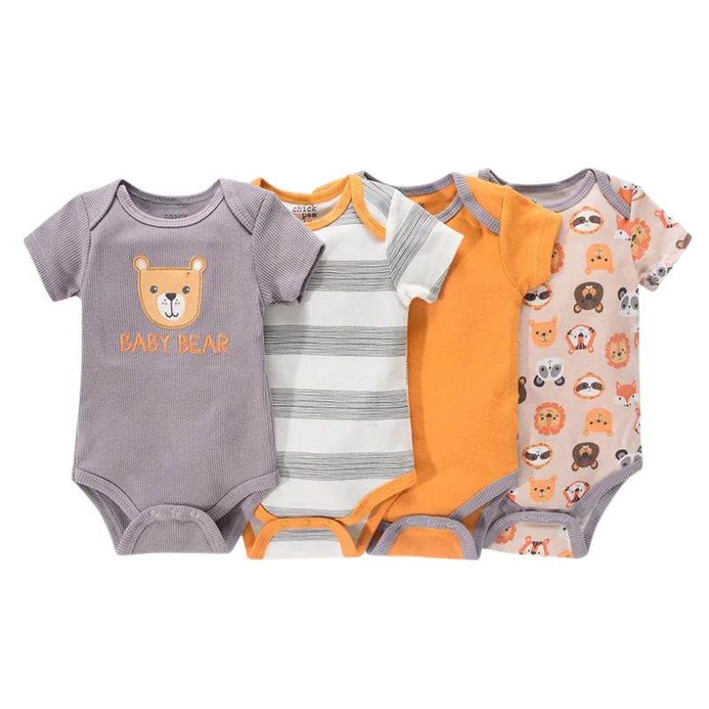 Lot de 4 Bodies Bébé Unisexe à Manches Courtes – Avec et Sans Motifs