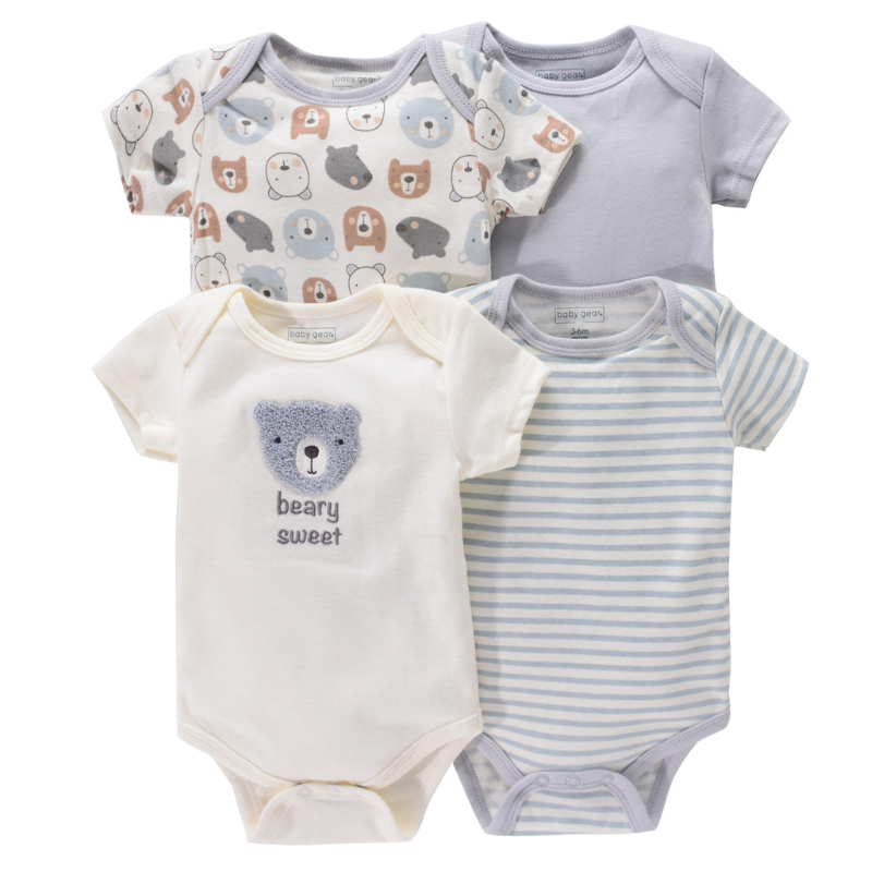 Lot de 4 Bodies Bébé Unisexe à Manches Courtes – Avec et Sans Motifs