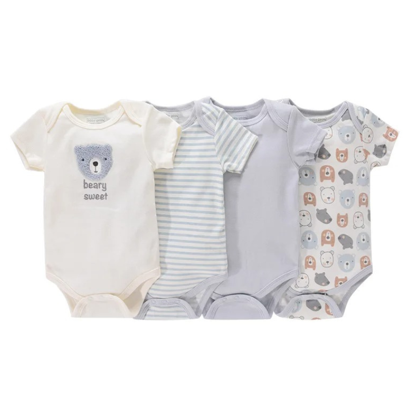Lot de 4 Bodies Bébé Unisexe à Manches Courtes – Avec et Sans Motifs
