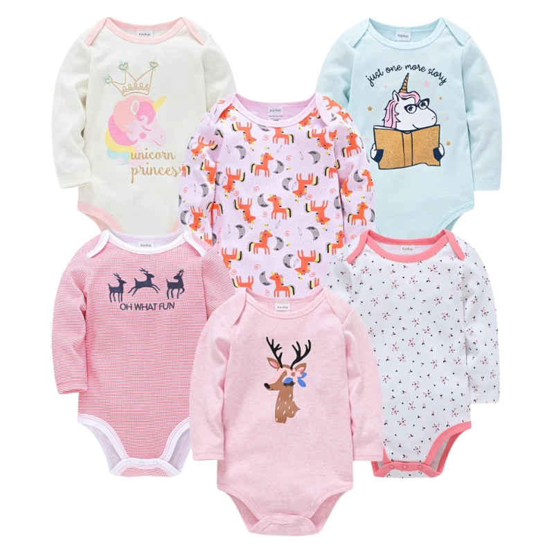 Lot de 6 Bodies Bébé à Manches Longues – 100% Coton