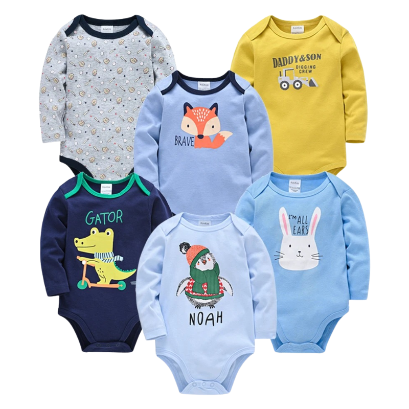 Lot de 6 Bodies Bébé à Manches Longues – 100% Coton