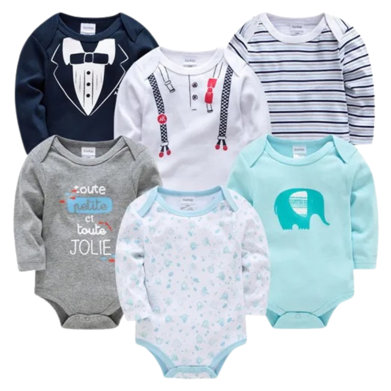 Lot de 6 Bodies Bébé à Manches Longues – 100% Coton