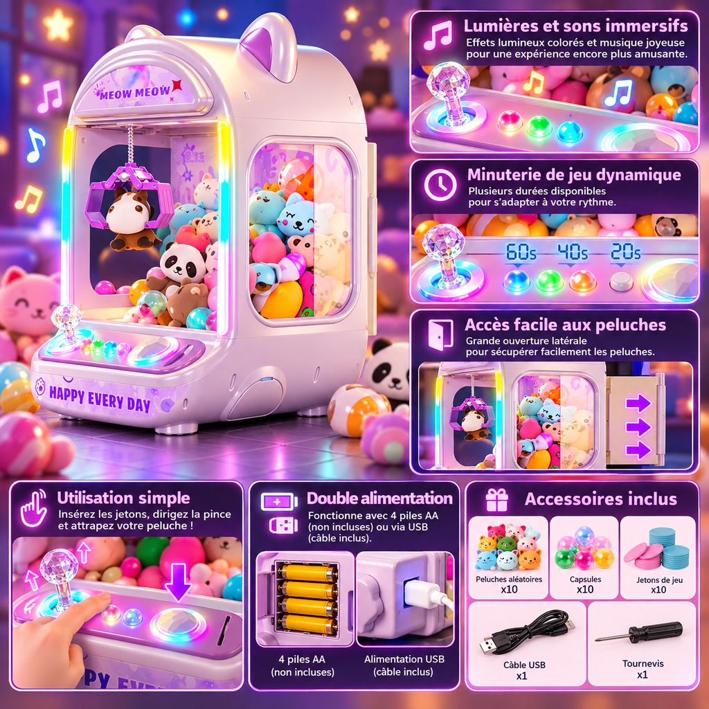 Mini Machine à Peluches pour Enfants avec 10 Peluches Incluses