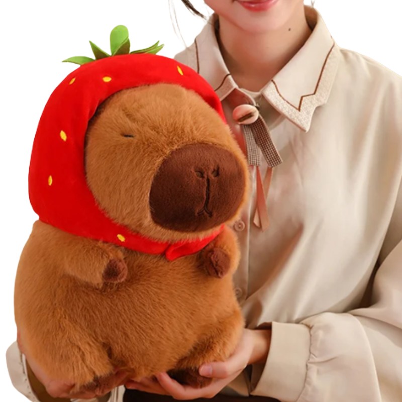 Peluche Capybara avec Capuche Fraise et Sac à Dos Tortue