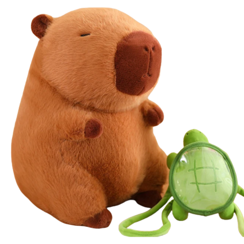 Peluche Capybara avec Capuche Fraise et Sac à Dos Tortue